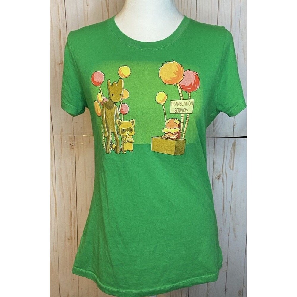 Guardians Of The Galaxy Womens Sz Medium Green Tee Shirt Rocket Groot Cartoon
